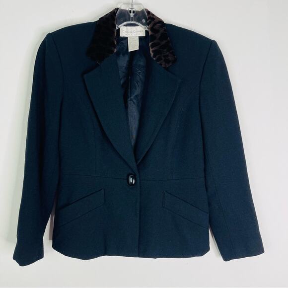 Vintage black brown animal print leopard velvet classic cropped wool blazer 6P - Picture 3 of 5